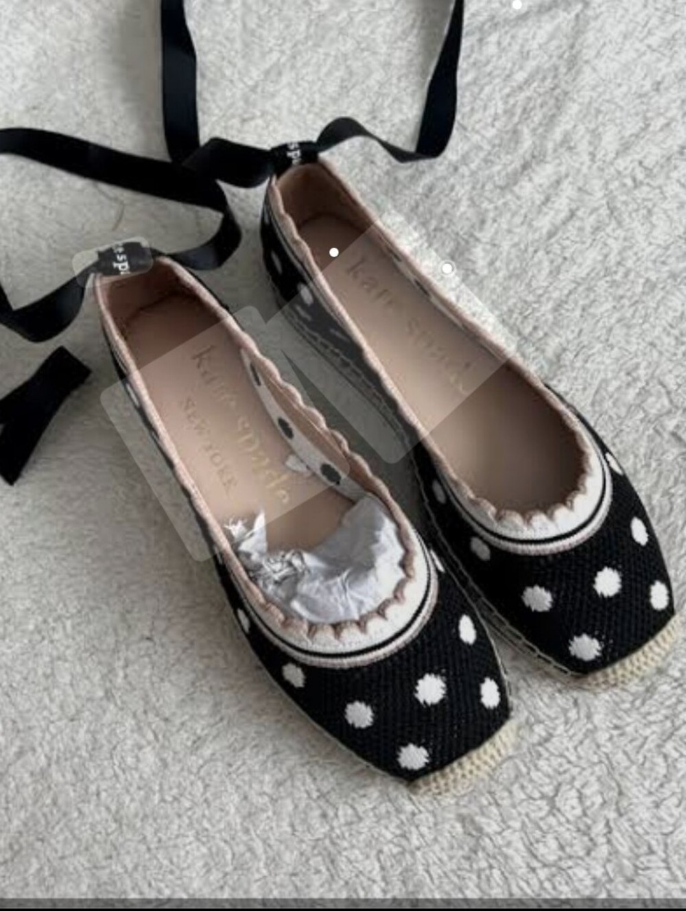 Kate Spade Black and White Polka Dot Ballet Flats with Ribbon Ties 9.5